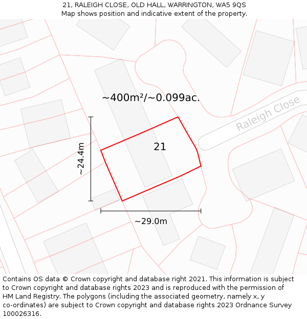 21, RALEIGH CLOSE, OLD HALL, WARRINGTON, WA5 9QS: Plot and title map