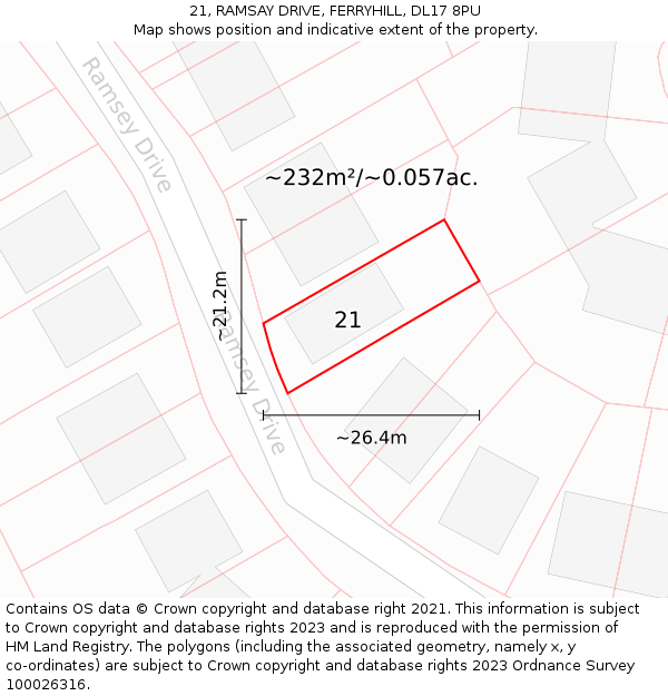 21, RAMSAY DRIVE, FERRYHILL, DL17 8PU: Plot and title map