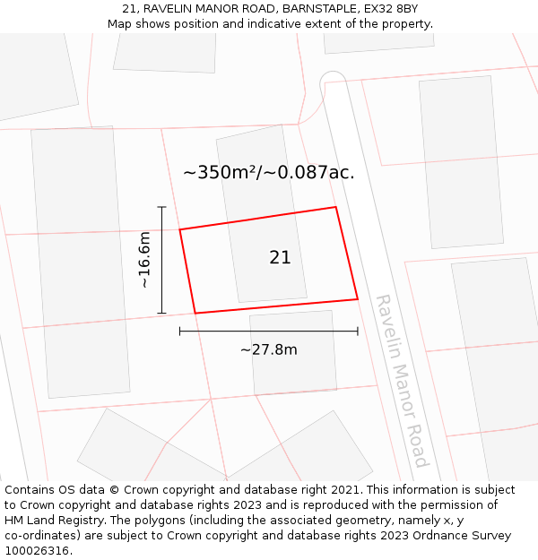 21, RAVELIN MANOR ROAD, BARNSTAPLE, EX32 8BY: Plot and title map