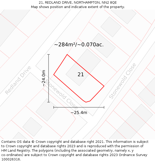 21, REDLAND DRIVE, NORTHAMPTON, NN2 8QE: Plot and title map