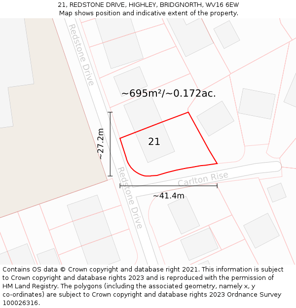 21, REDSTONE DRIVE, HIGHLEY, BRIDGNORTH, WV16 6EW: Plot and title map