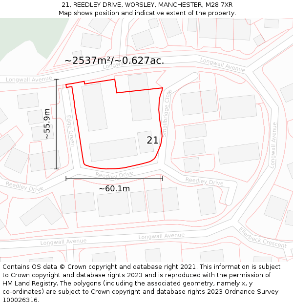 21, REEDLEY DRIVE, WORSLEY, MANCHESTER, M28 7XR: Plot and title map