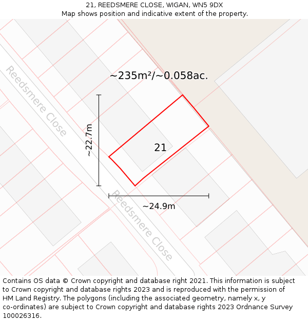 21, REEDSMERE CLOSE, WIGAN, WN5 9DX: Plot and title map
