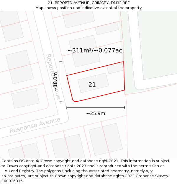 21, REPORTO AVENUE, GRIMSBY, DN32 9RE: Plot and title map