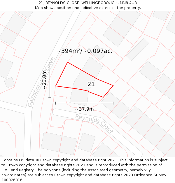 21, REYNOLDS CLOSE, WELLINGBOROUGH, NN8 4UR: Plot and title map