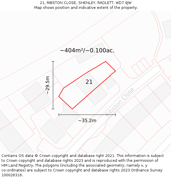 21, RIBSTON CLOSE, SHENLEY, RADLETT, WD7 9JW: Plot and title map