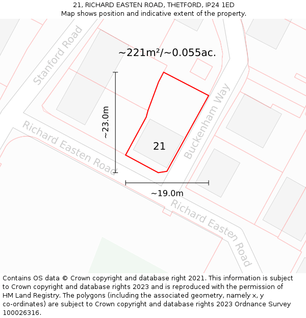 21, RICHARD EASTEN ROAD, THETFORD, IP24 1ED: Plot and title map