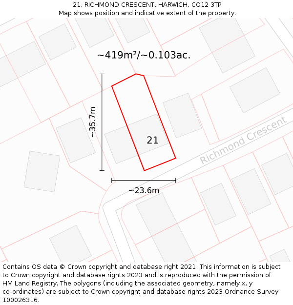 21, RICHMOND CRESCENT, HARWICH, CO12 3TP: Plot and title map