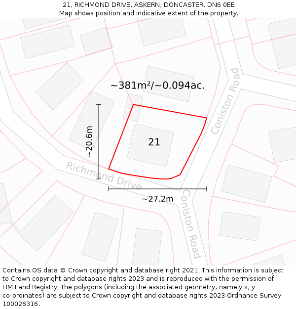 21, RICHMOND DRIVE, ASKERN, DONCASTER, DN6 0EE: Plot and title map