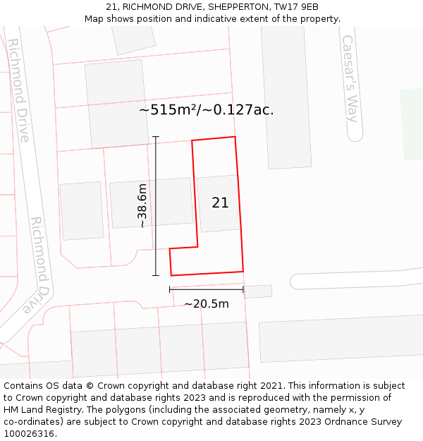 21, RICHMOND DRIVE, SHEPPERTON, TW17 9EB: Plot and title map