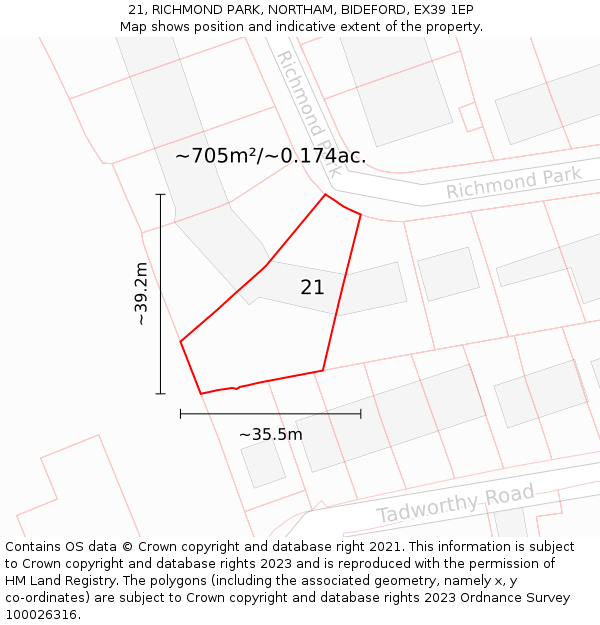 21, RICHMOND PARK, NORTHAM, BIDEFORD, EX39 1EP: Plot and title map