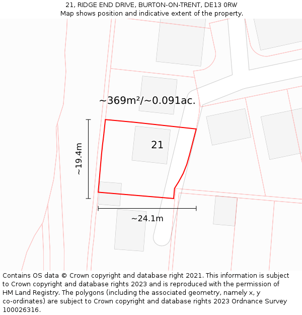 21, RIDGE END DRIVE, BURTON-ON-TRENT, DE13 0RW: Plot and title map