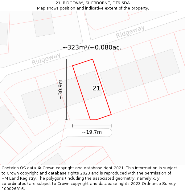 21, RIDGEWAY, SHERBORNE, DT9 6DA: Plot and title map