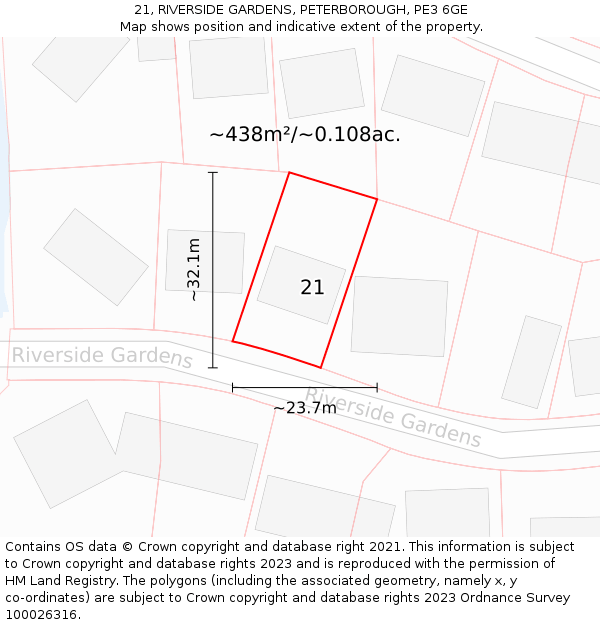 21, RIVERSIDE GARDENS, PETERBOROUGH, PE3 6GE: Plot and title map