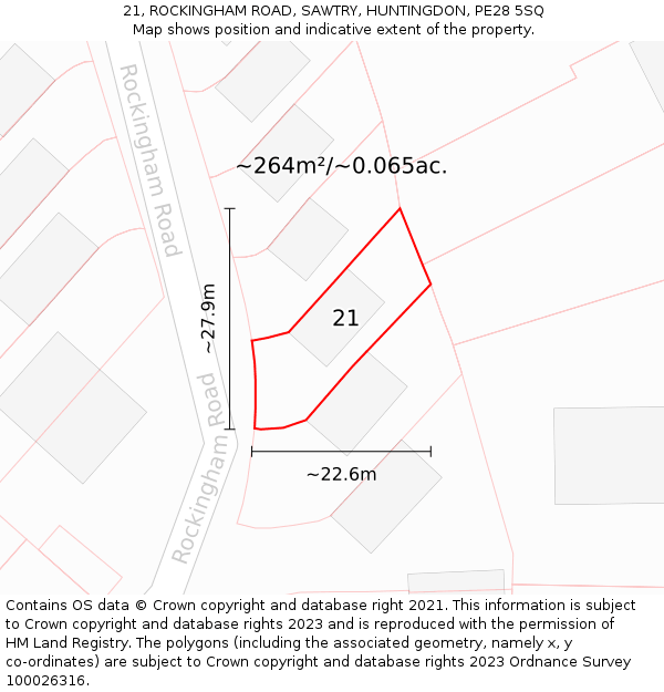 21, ROCKINGHAM ROAD, SAWTRY, HUNTINGDON, PE28 5SQ: Plot and title map