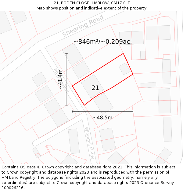 21, RODEN CLOSE, HARLOW, CM17 0LE: Plot and title map