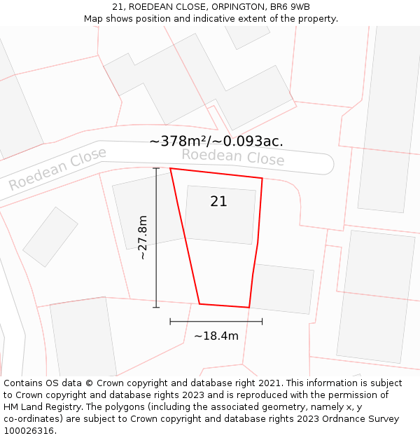 21, ROEDEAN CLOSE, ORPINGTON, BR6 9WB: Plot and title map