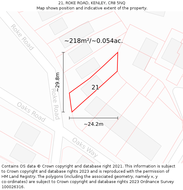 21, ROKE ROAD, KENLEY, CR8 5NQ: Plot and title map