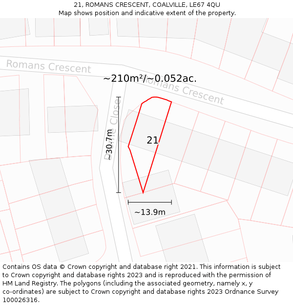 21, ROMANS CRESCENT, COALVILLE, LE67 4QU: Plot and title map