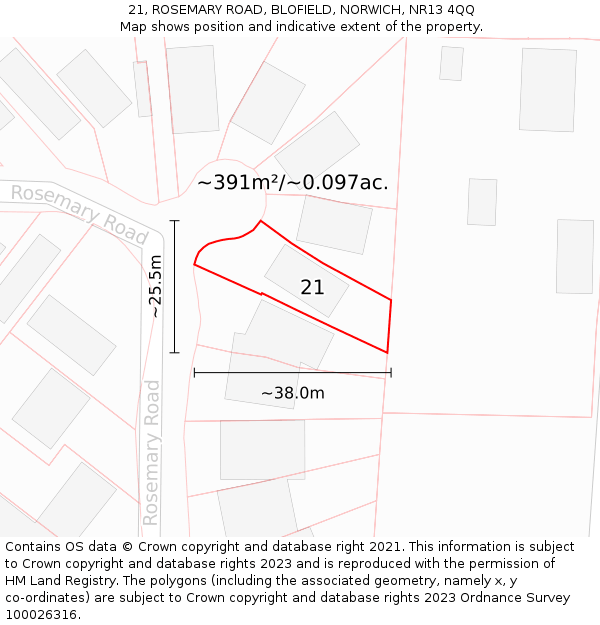 21, ROSEMARY ROAD, BLOFIELD, NORWICH, NR13 4QQ: Plot and title map