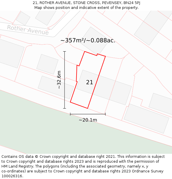 21, ROTHER AVENUE, STONE CROSS, PEVENSEY, BN24 5PJ: Plot and title map