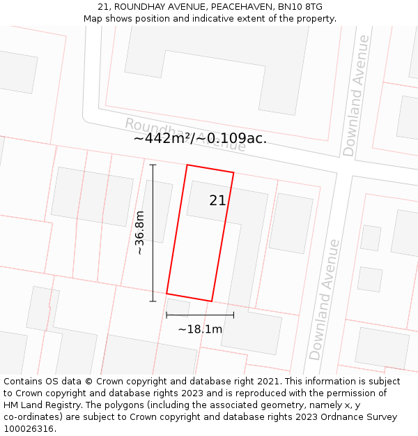 21, ROUNDHAY AVENUE, PEACEHAVEN, BN10 8TG: Plot and title map