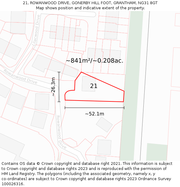 21, ROWANWOOD DRIVE, GONERBY HILL FOOT, GRANTHAM, NG31 8GT: Plot and title map