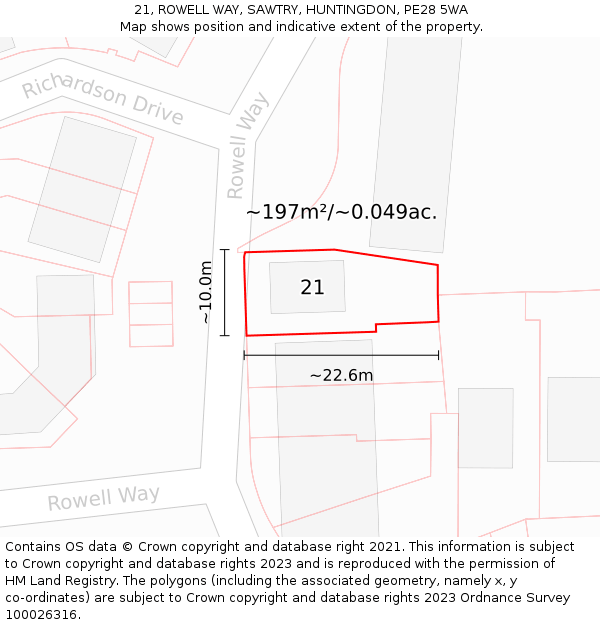 21, ROWELL WAY, SAWTRY, HUNTINGDON, PE28 5WA: Plot and title map