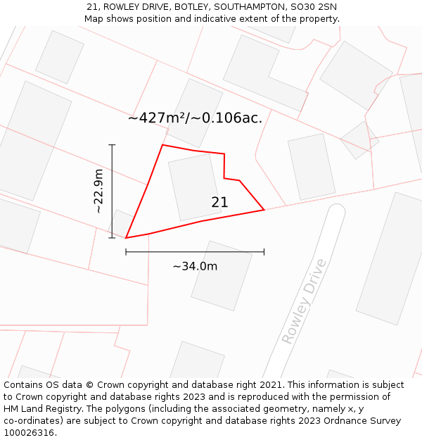 21, ROWLEY DRIVE, BOTLEY, SOUTHAMPTON, SO30 2SN: Plot and title map