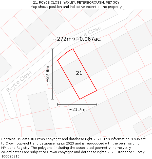 21, ROYCE CLOSE, YAXLEY, PETERBOROUGH, PE7 3QY: Plot and title map