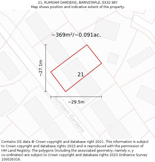 21, RUMSAM GARDENS, BARNSTAPLE, EX32 9EY: Plot and title map