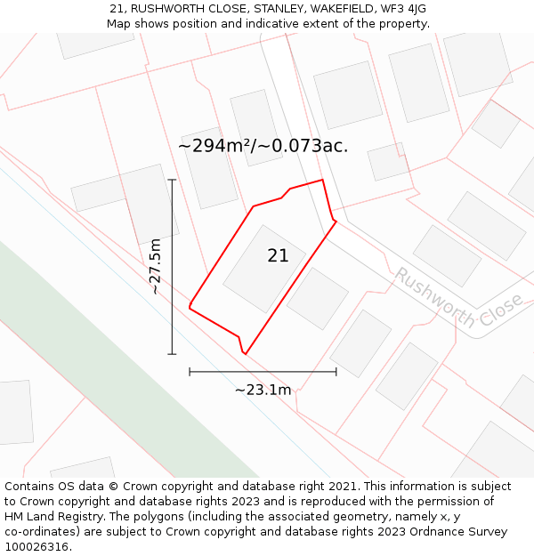 21, RUSHWORTH CLOSE, STANLEY, WAKEFIELD, WF3 4JG: Plot and title map