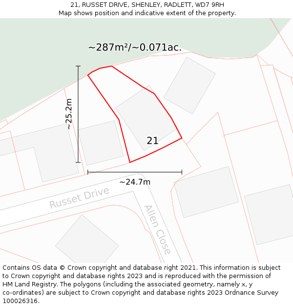 21, RUSSET DRIVE, SHENLEY, RADLETT, WD7 9RH: Plot and title map
