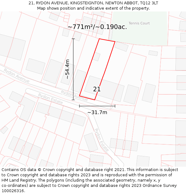 21, RYDON AVENUE, KINGSTEIGNTON, NEWTON ABBOT, TQ12 3LT: Plot and title map