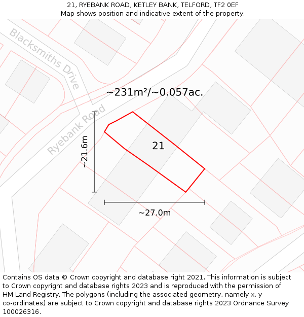 21, RYEBANK ROAD, KETLEY BANK, TELFORD, TF2 0EF: Plot and title map