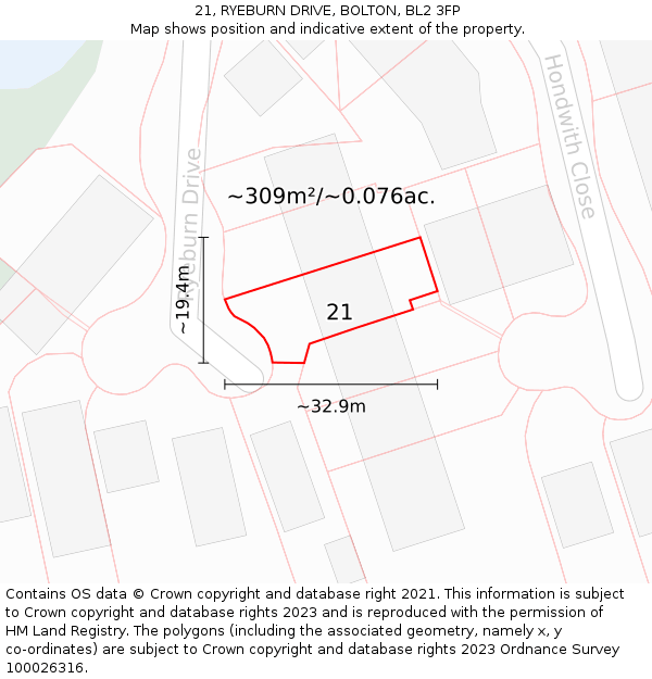 21, RYEBURN DRIVE, BOLTON, BL2 3FP: Plot and title map