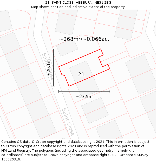 21, SAINT CLOSE, HEBBURN, NE31 2BG: Plot and title map