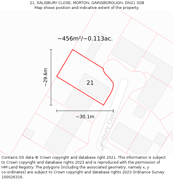 21, SALISBURY CLOSE, MORTON, GAINSBOROUGH, DN21 3GB: Plot and title map