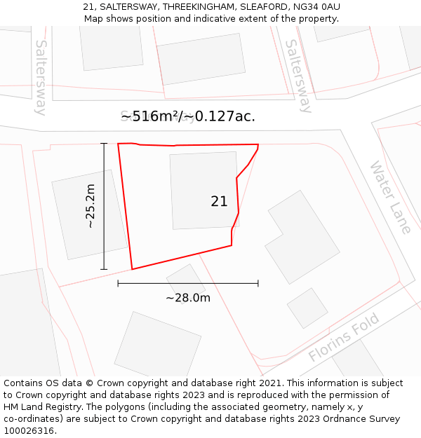 21, SALTERSWAY, THREEKINGHAM, SLEAFORD, NG34 0AU: Plot and title map