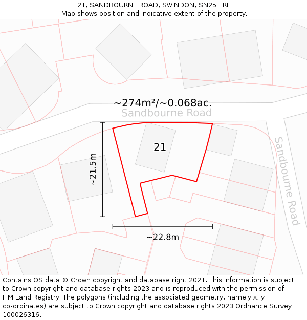 21, SANDBOURNE ROAD, SWINDON, SN25 1RE: Plot and title map