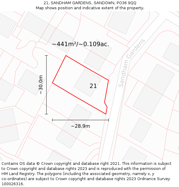 21, SANDHAM GARDENS, SANDOWN, PO36 9QQ: Plot and title map