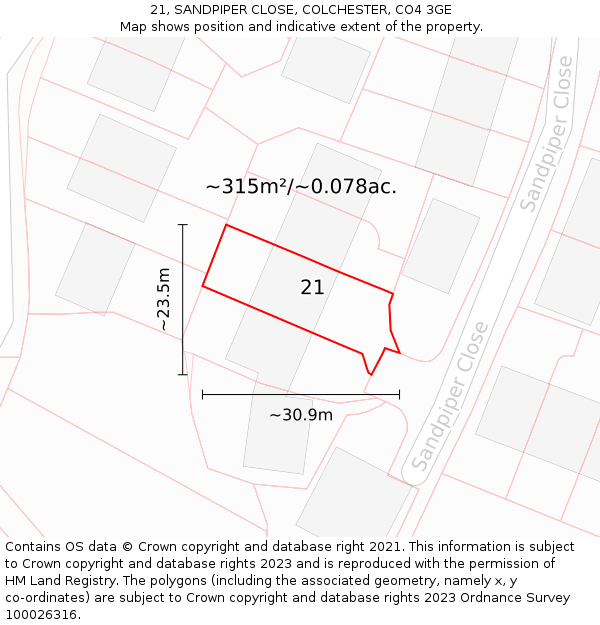 21, SANDPIPER CLOSE, COLCHESTER, CO4 3GE: Plot and title map