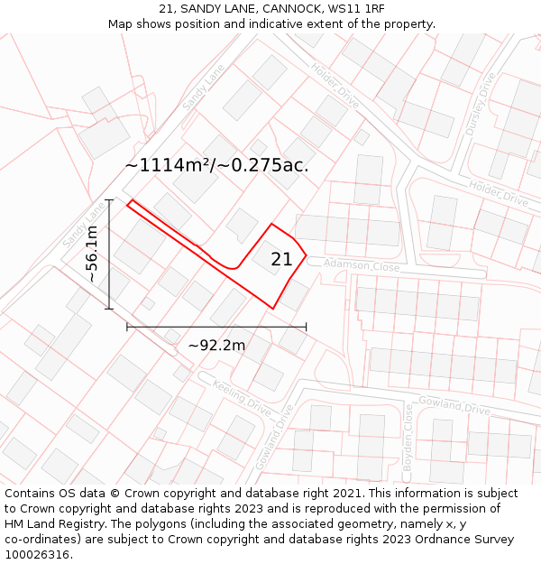 21, SANDY LANE, CANNOCK, WS11 1RF: Plot and title map