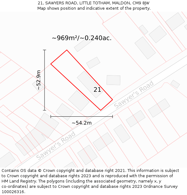 21, SAWYERS ROAD, LITTLE TOTHAM, MALDON, CM9 8JW: Plot and title map
