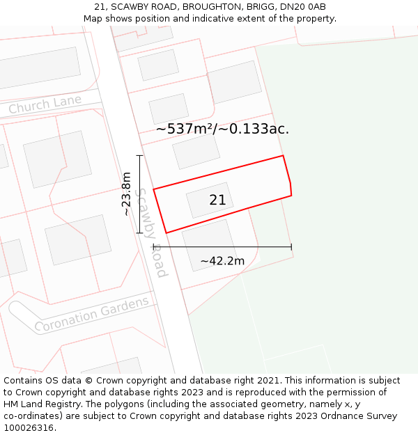 21, SCAWBY ROAD, BROUGHTON, BRIGG, DN20 0AB: Plot and title map