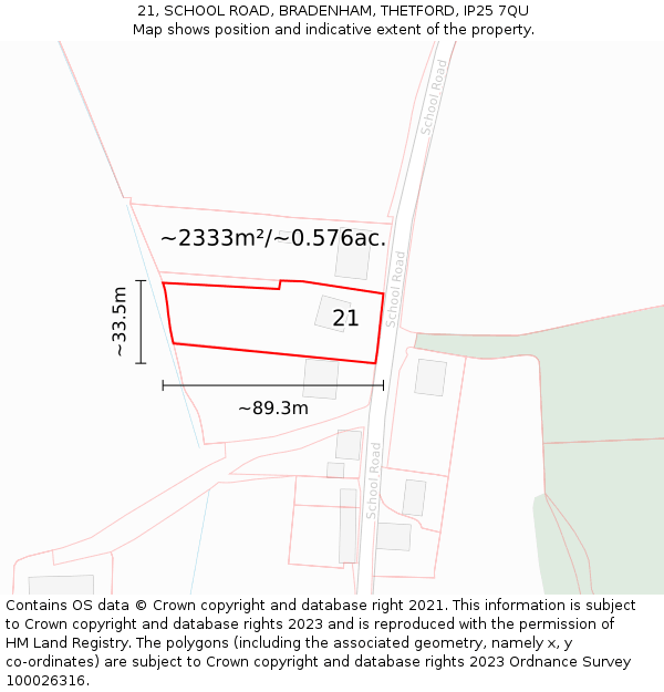 21, SCHOOL ROAD, BRADENHAM, THETFORD, IP25 7QU: Plot and title map