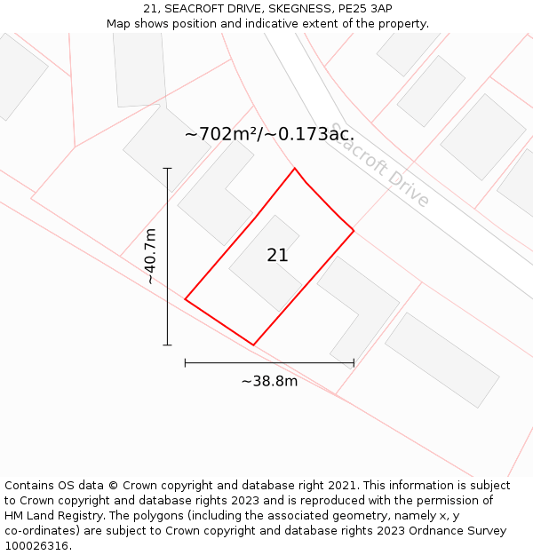 21, SEACROFT DRIVE, SKEGNESS, PE25 3AP: Plot and title map