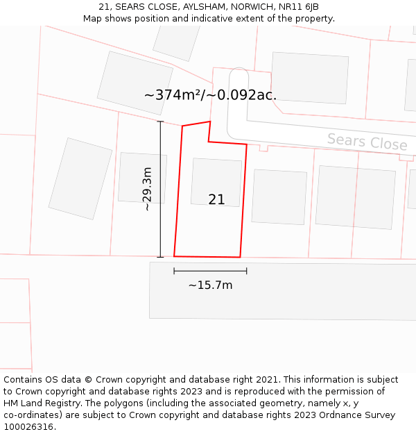 21, SEARS CLOSE, AYLSHAM, NORWICH, NR11 6JB: Plot and title map