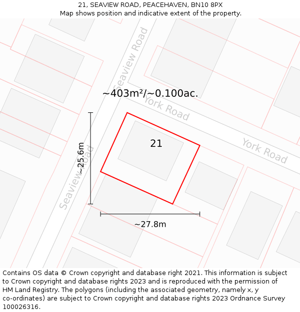 21, SEAVIEW ROAD, PEACEHAVEN, BN10 8PX: Plot and title map