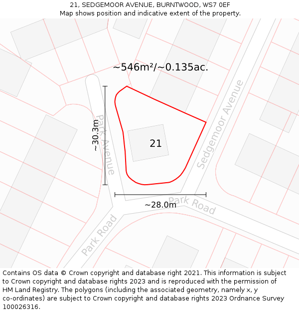 21, SEDGEMOOR AVENUE, BURNTWOOD, WS7 0EF: Plot and title map